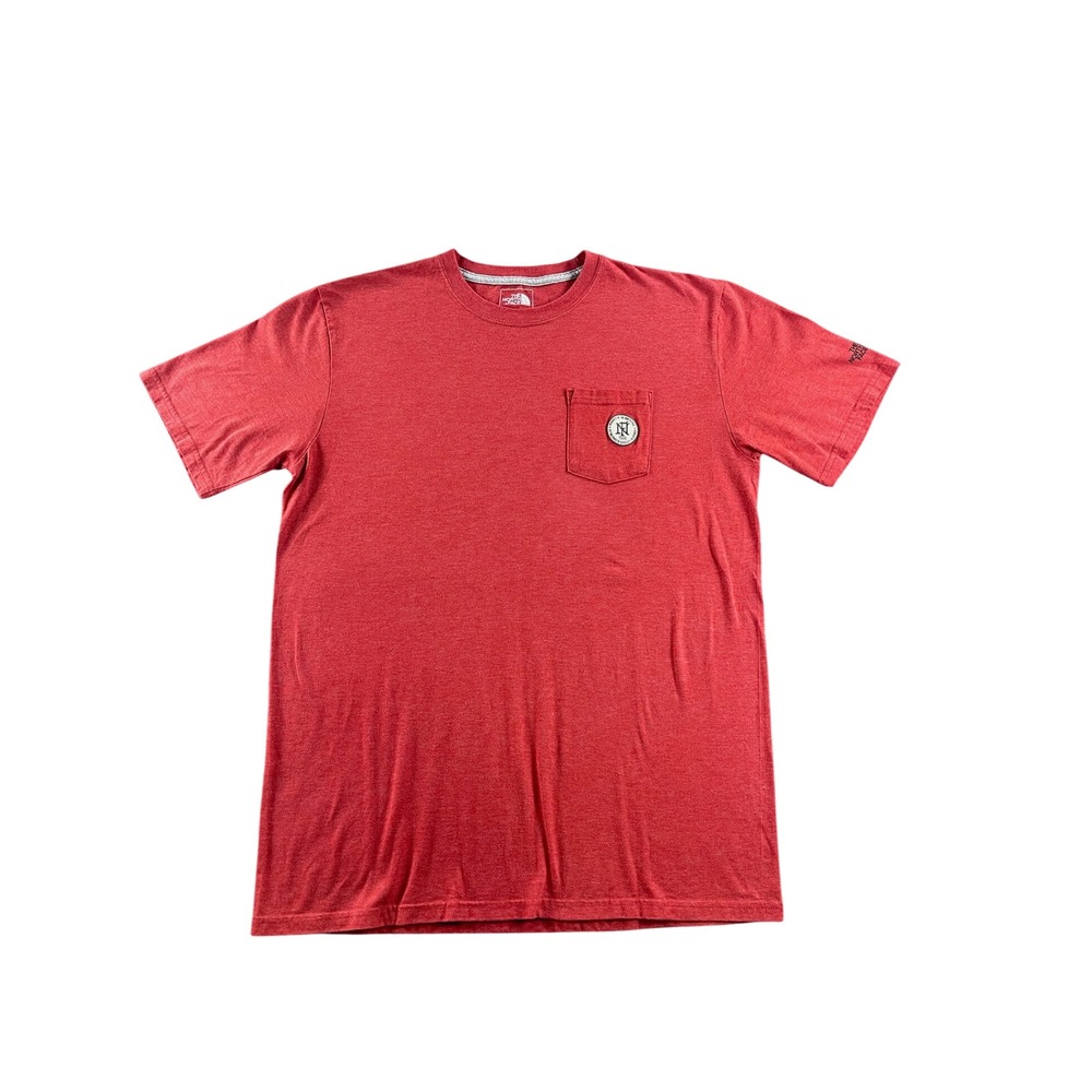 The North Face Mens Red Heathered Pocket T-Shirt Classic Fit Medium Script‎ Logo